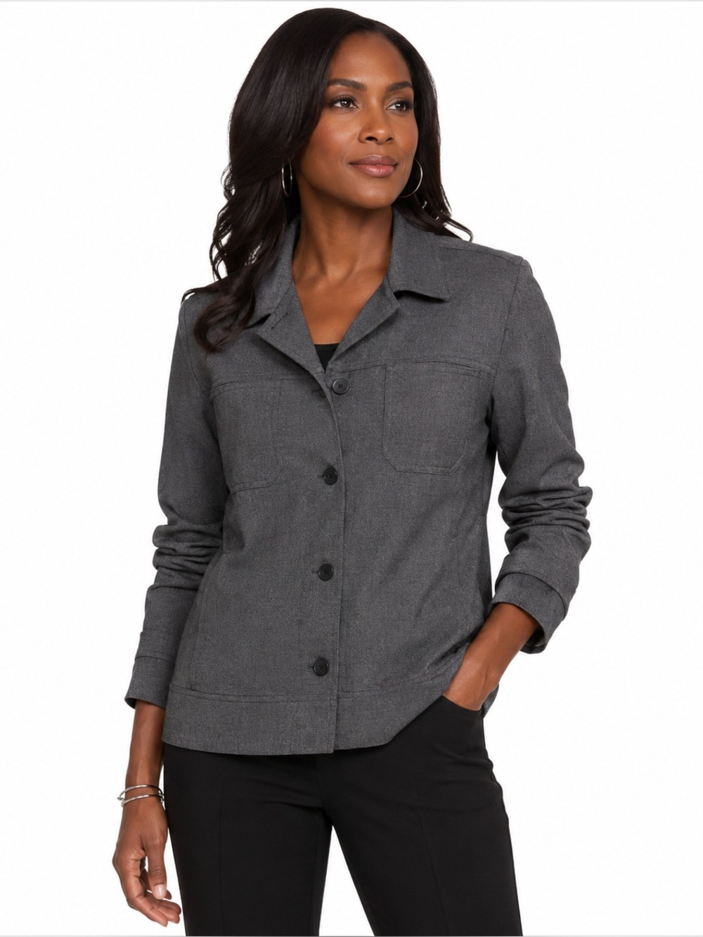 Chico’s Design Gray Button Front Career Jacket Stretch Blazer Size 1 / US 8(M)